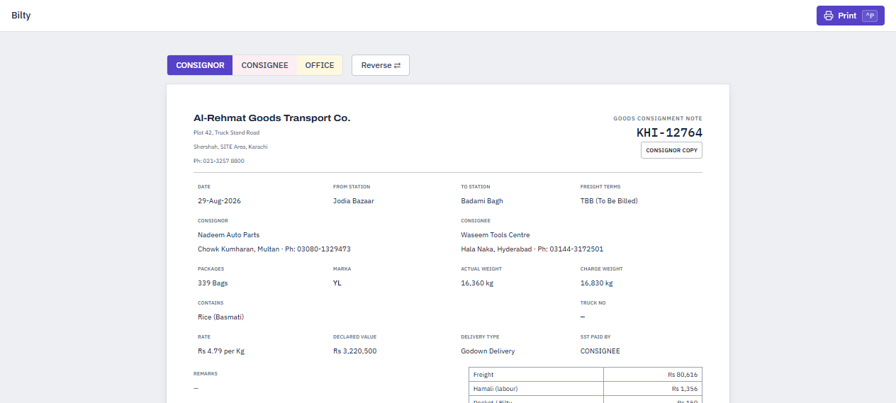 Printable goods consignment note showing consignor, consignee, packages, marka, weights, rate, declared value and a freight table, with tabs for the consignor, consignee and office copies.