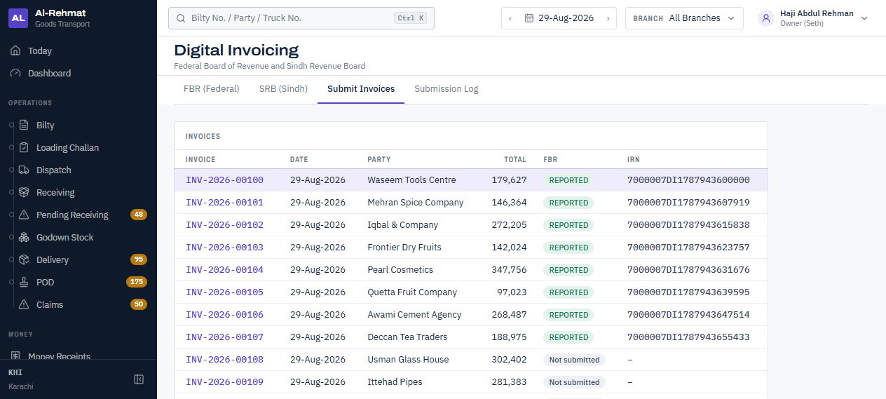 Digital invoicing console listing sales tax invoices with party, total, FBR status and the FBR invoice reference number returned for each reported invoice.