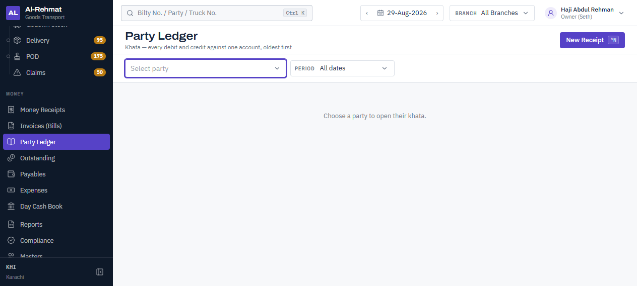 Party ledger screen showing account-wise transaction history for transport clients.
