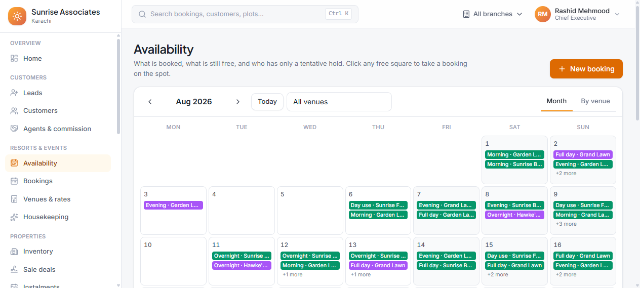 Venue availability calendar showing lawns, farmhouse and banquet hall bookings across dates with morning, evening and full-day slots.