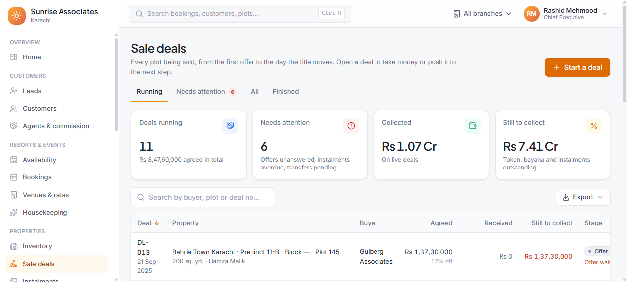 Sale deals screen listing every plot being sold with deal number, property, buyer, agreed price, amount received, amount still to collect and the stage the deal has reached.
